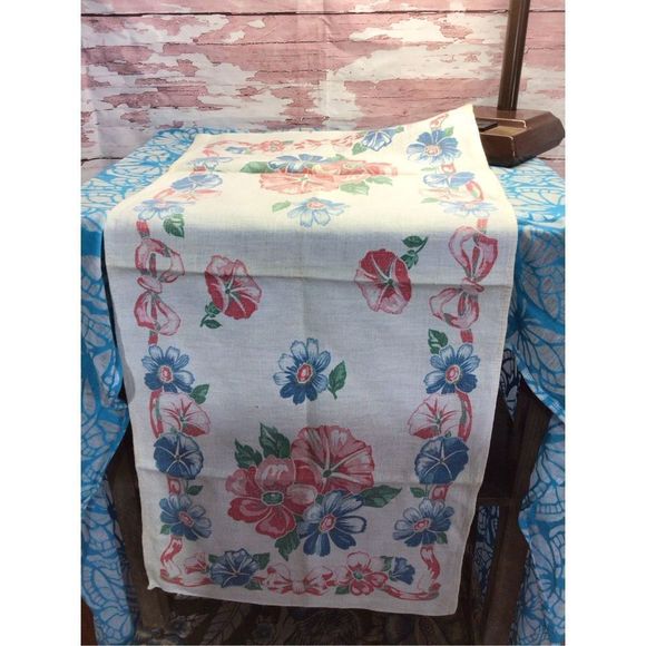 Vintage Linen Table Cover Red & Blue Floral 13.5” x 30” Mid Century - Picture 1 of 15